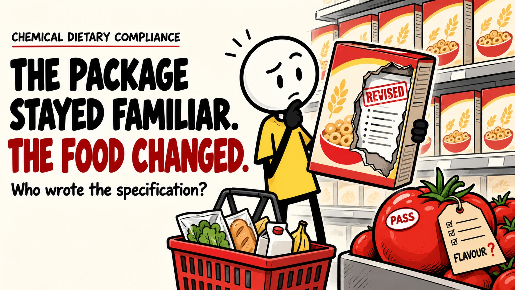 A stick figure in a yellow shirt stands in a supermarket aisle holding a familiar cereal box torn open to show a formula sheet stamped REVISED. A shopping basket sits in front, and a tomato stamped PASS carries a grading tag with three ticks and a red question mark beside flavour. Beside it: Chemical Dietary Compliance. The package stayed familiar. The food changed. Who wrote the specification?