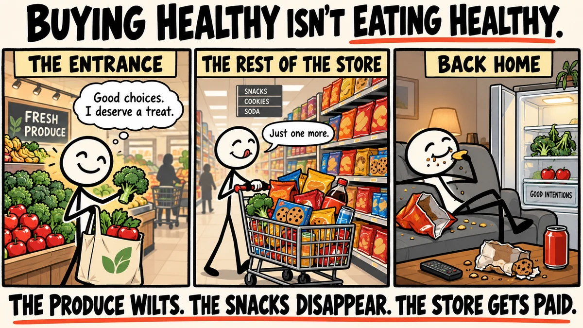 Three-panel cartoon headed Buying healthy isn't eating healthy. The entrance: a smiling stick figure puts broccoli and apples in a cloth bag beside a Fresh Produce sign, thinking good choices, I deserve a treat. The rest of the store: the same figure pushes a cart piled with chips, cookies and soda past aisles signed snacks, cookies, soda, saying just one more. Back home: the figure lounges on the couch eating chips among crumbs while the open fridge holds broccoli and apples in a drawer labelled good intentions. Below: the produce wilts, the snacks disappear, the store gets paid.