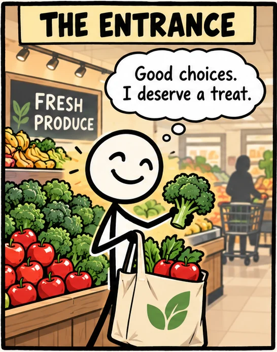 The entrance: a smiling stick figure picks up broccoli and apples beside a Fresh Produce sign, thinking good choices, I deserve a treat.
