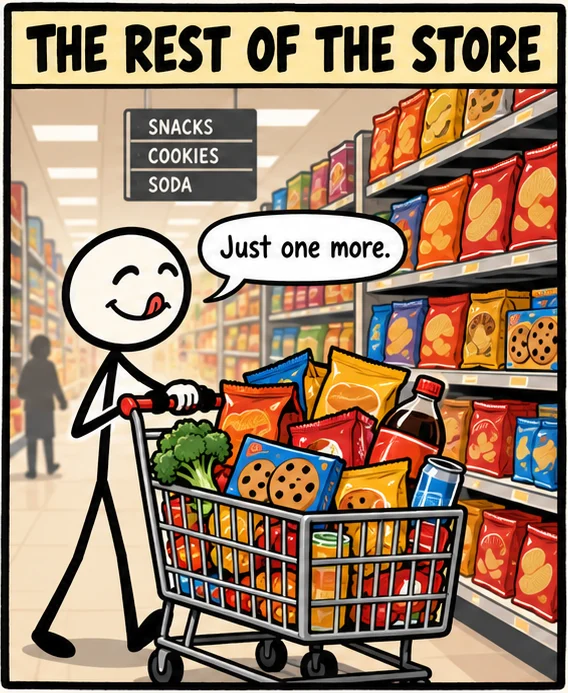 The rest of the store: the figure pushes a cart piled with chips, cookies and soda past the snack aisle, saying just one more.
