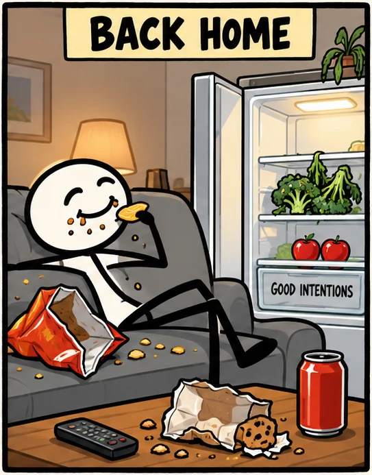 Back home: the figure eats chips on the couch while the broccoli and apples sit in the fridge drawer labelled good intentions.
