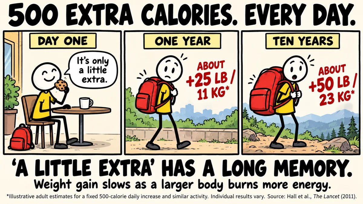 Three-panel cartoon headed 500 extra calories. Every day. Day one: a stick figure eats a cookie and says it is only a little extra, a small red backpack at its feet. One year: the figure walks with a bigger red backpack, labelled about plus 25 pounds, 11 kilograms. Ten years: a huge backpack, about plus 50 pounds, 23 kilograms. Below: a little extra has a long memory. Weight gain slows as a larger body burns more energy.