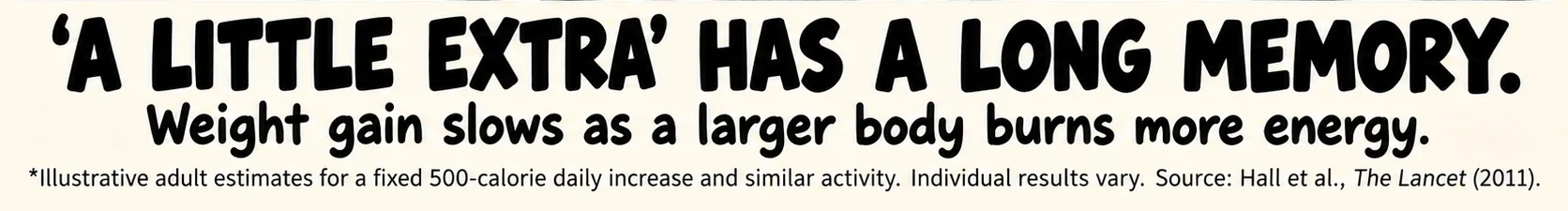 A little extra has a long memory. Weight gain slows as a larger body burns more energy.