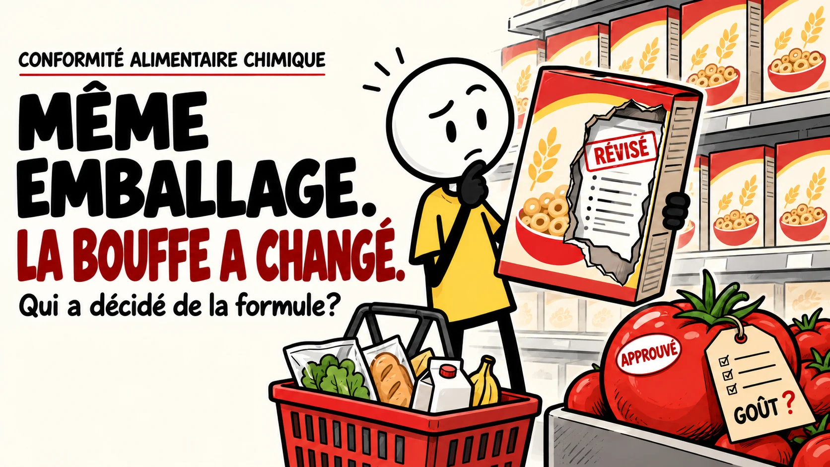 Un personnage en chemise jaune, dans une allée d'épicerie, tient une boîte de céréales familière déchirée sur une fiche de formule estampillée RÉVISÉ. Devant lui, un panier; une tomate marquée APPROUVÉ porte une étiquette avec trois crochets et un point d'interrogation rouge à côté de GOÛT. À côté : Conformité alimentaire chimique. Même emballage. La bouffe a changé. Qui a décidé de la formule ?