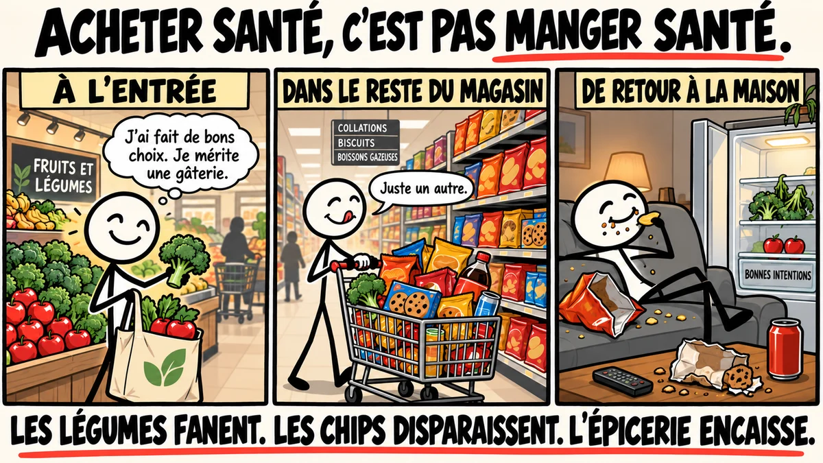 Bande dessinée en trois cases intitulée Acheter santé, c'est pas manger santé. À l'entrée : un personnage souriant met du brocoli et des pommes dans un sac de tissu près d'une enseigne Fruits et légumes, en pensant J'ai fait de bons choix, je mérite une gâterie. Dans le reste du magasin : il pousse un panier rempli de chips, de biscuits et de boissons gazeuses en disant Juste un autre. De retour à la maison : il mange des chips sur le divan pendant que le brocoli et les pommes attendent dans le tiroir du frigo marqué Bonnes intentions. En bas : Les légumes fanent. Les chips disparaissent. L'épicerie encaisse.