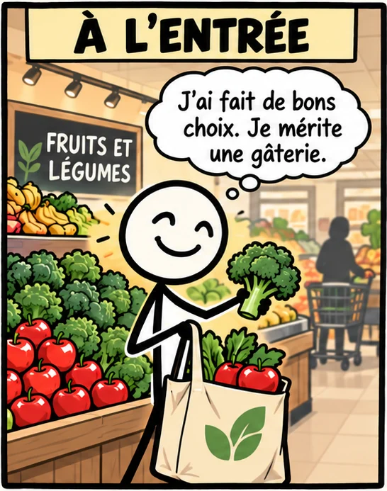 À l'entrée : un personnage souriant choisit du brocoli et des pommes près de l'enseigne Fruits et légumes, en pensant J'ai fait de bons choix, je mérite une gâterie.