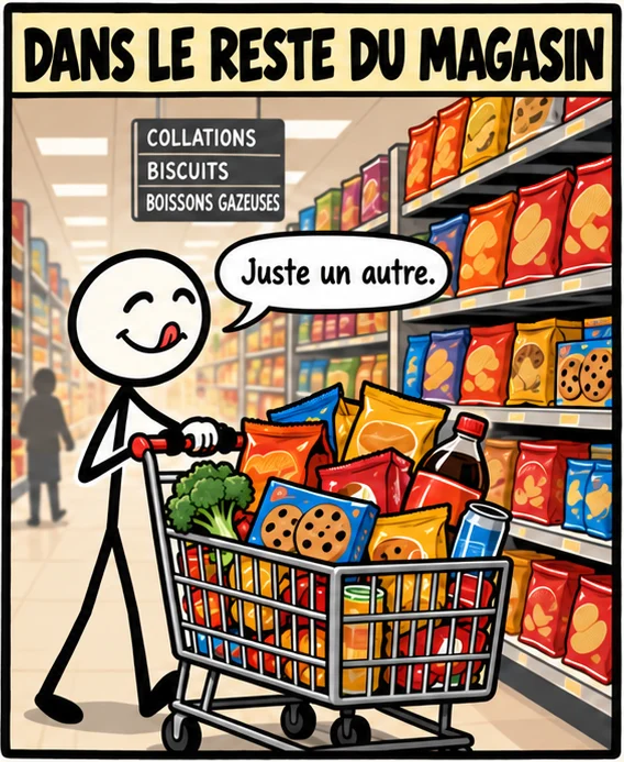 Dans le reste du magasin : il pousse un panier rempli de chips, de biscuits et de boissons gazeuses dans l'allée des collations en disant Juste un autre.