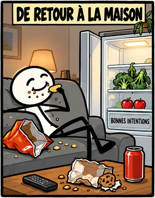 De retour à la maison : il mange des chips sur le divan pendant que le brocoli et les pommes restent dans le tiroir Bonnes intentions.