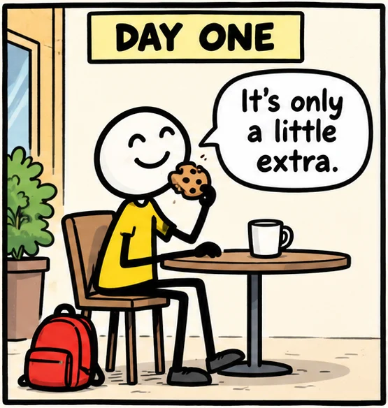 Premier jour : un personnage en bâtonnets mange un biscuit à une table de café et dit que ce n'est qu'un petit extra. Un petit sac à dos rouge est posé par terre.