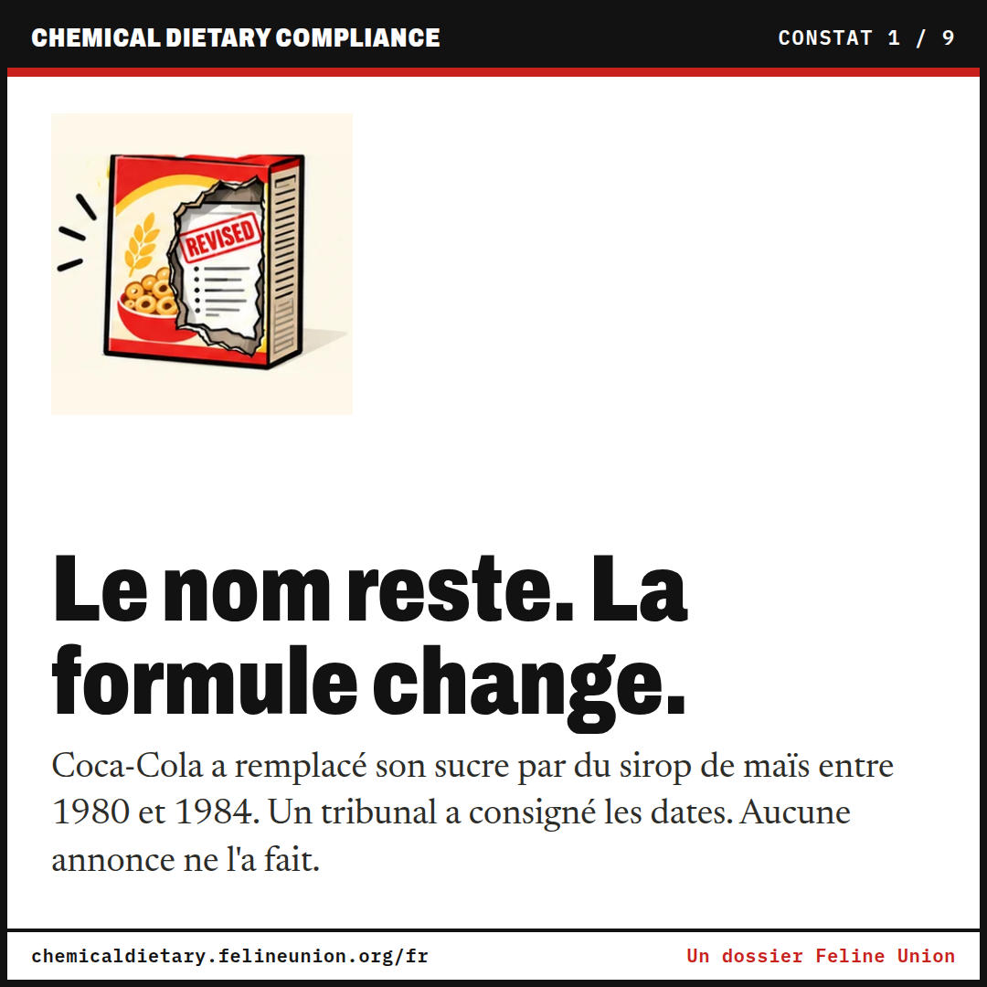 Le nom reste. La formule change. Coca-Cola a remplacé son sucre par du sirop de maïs entre 1980 et 1984. Un tribunal a consigné les dates. Aucune annonce ne l'a fait.