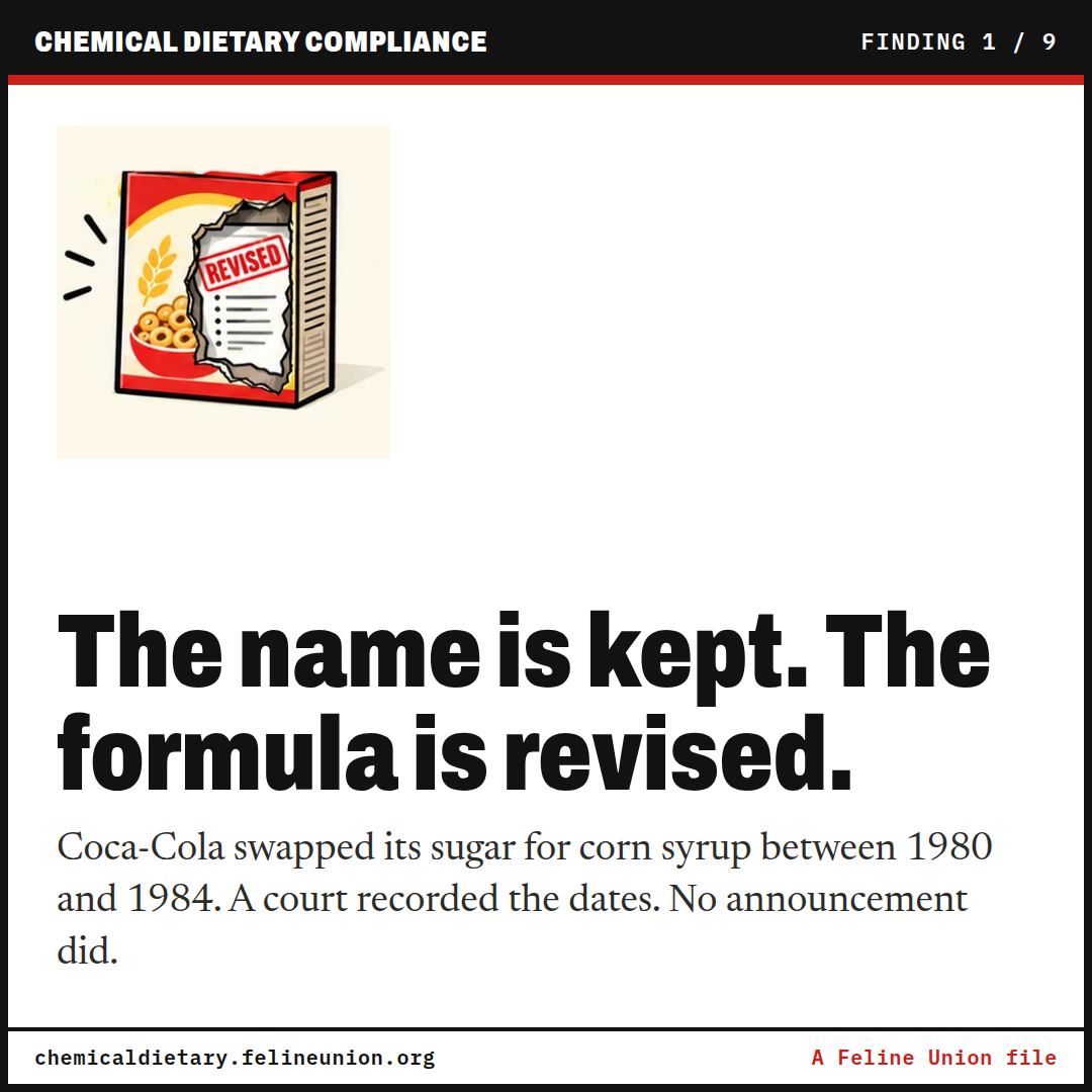 The name is kept. The formula is revised. Coca-Cola swapped its sugar for corn syrup between 1980 and 1984. A court recorded the dates. No announcement did.