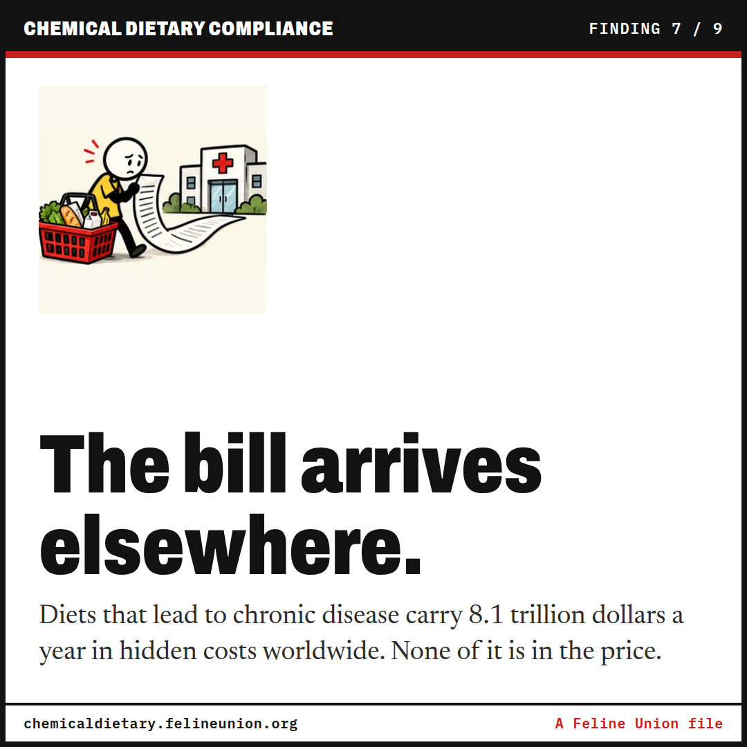The bill arrives elsewhere. Diets that lead to chronic disease carry 8.1 trillion dollars a year in hidden costs worldwide. None of it is in the price.